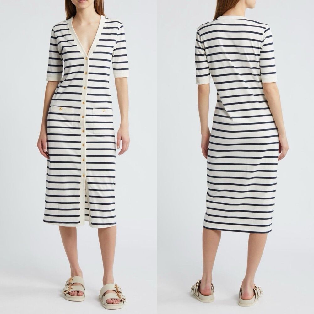 FRAME Stripe Henley Organic Cotton White Navy Nautical Gold Button Midi Dress M
